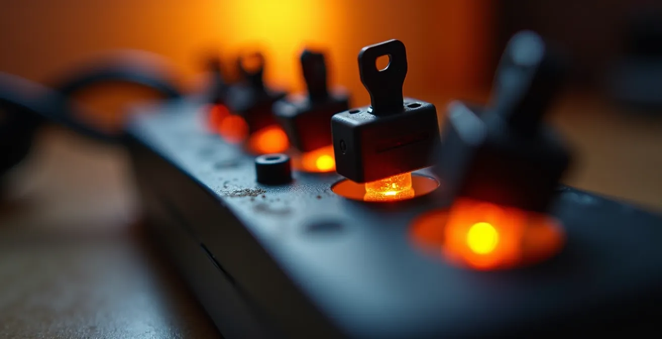 Vue macro des appareils électroniques en veille consommant de l'énergie