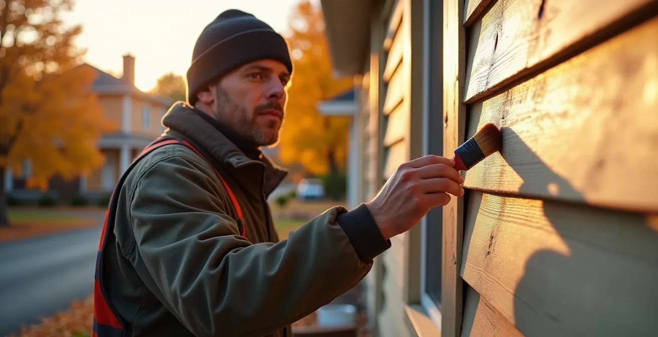 Peintre professionnel appliquant une peinture extérieure sur bardage de maison québécoise par temps frais d'automne