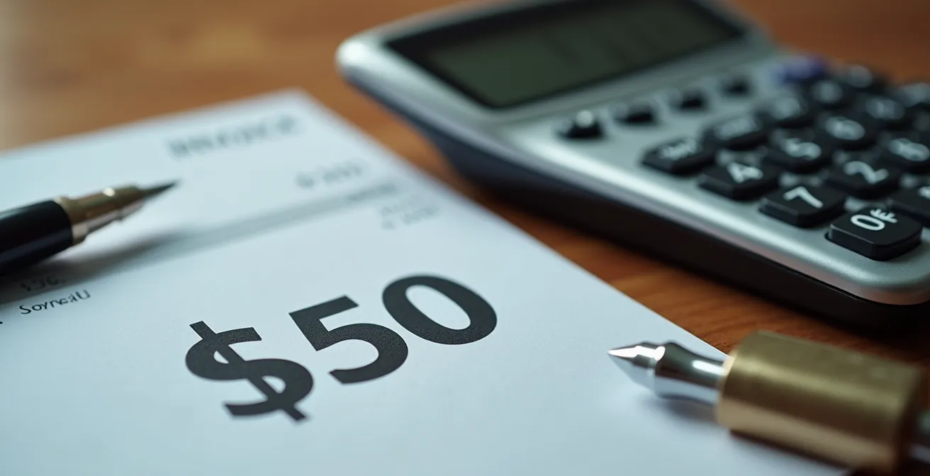 Gros plan sur une facture de serrurier avec calculatrice montrant des montants excessifs