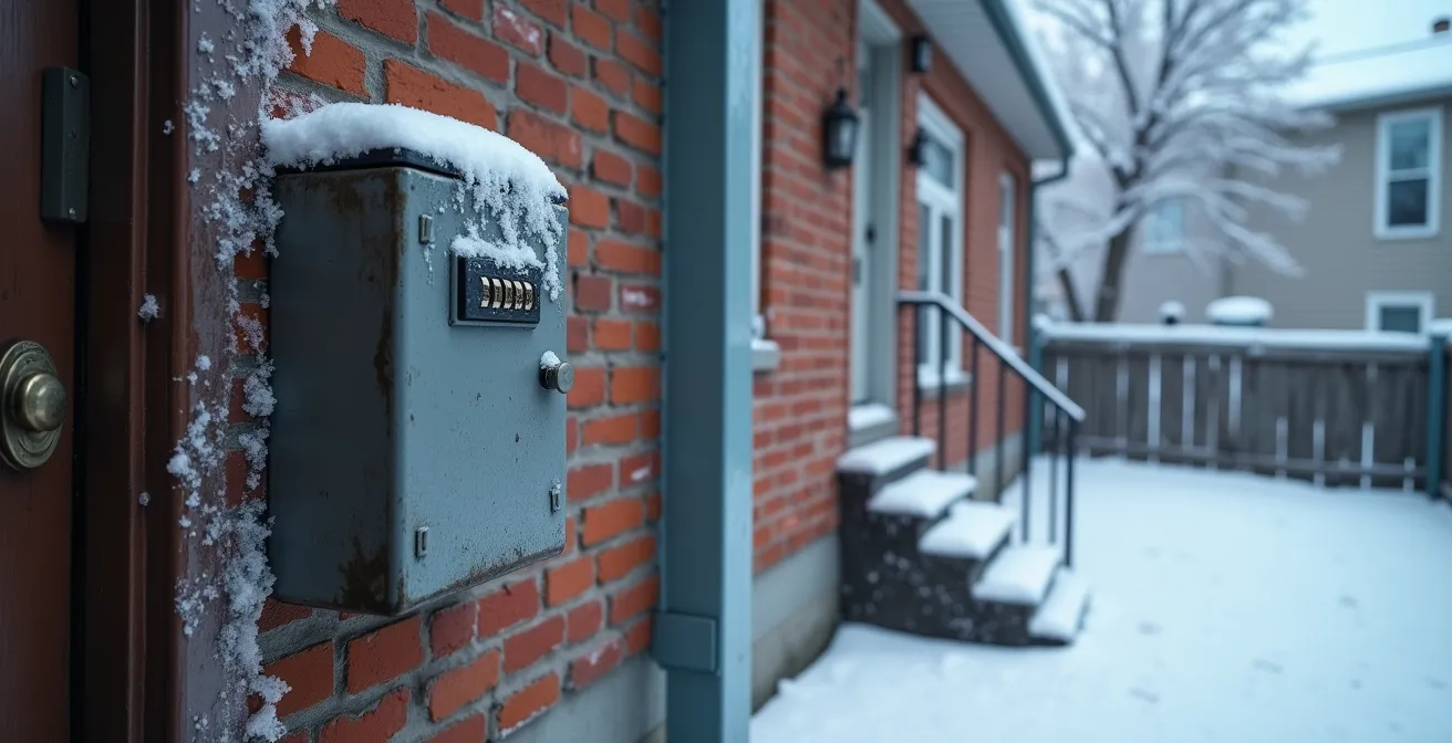 Boîte sécurisée pour clés installée sur un mur extérieur en hiver avec neige