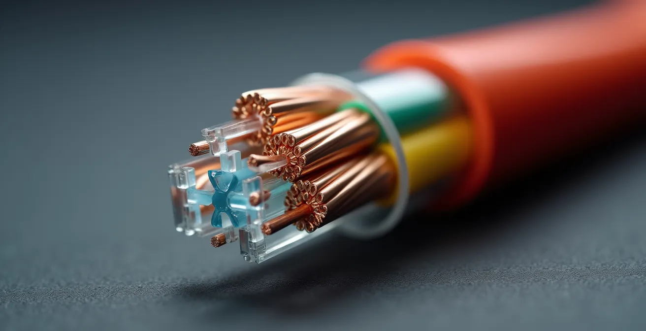 Vue macro d'un câble Cat6 avec conducteurs en cuivre visible et gaine de protection