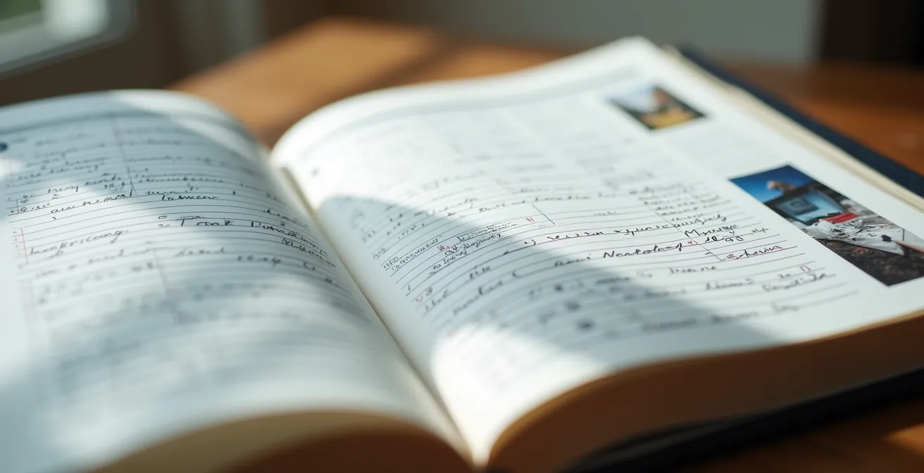 Carnet d'entretien ouvert montrant des entrées manuscrites et photos d'inspection de clapet