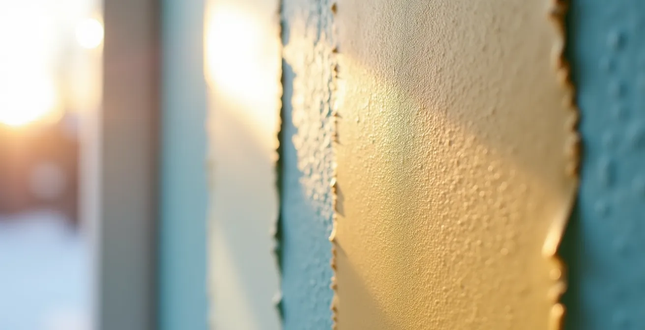 Comparaison visuelle de trois finis de peinture sur un même mur avec éclairage rasant québécois hivernal