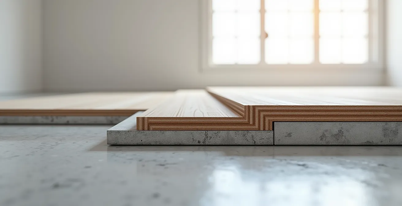 Coupe transversale montrant l'installation de plancher SPC sur membrane drainante