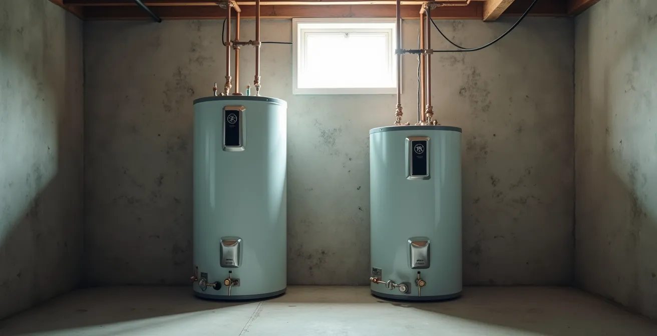 Deux chauffe-eau côte à côte de tailles différentes dans un sous-sol québécois