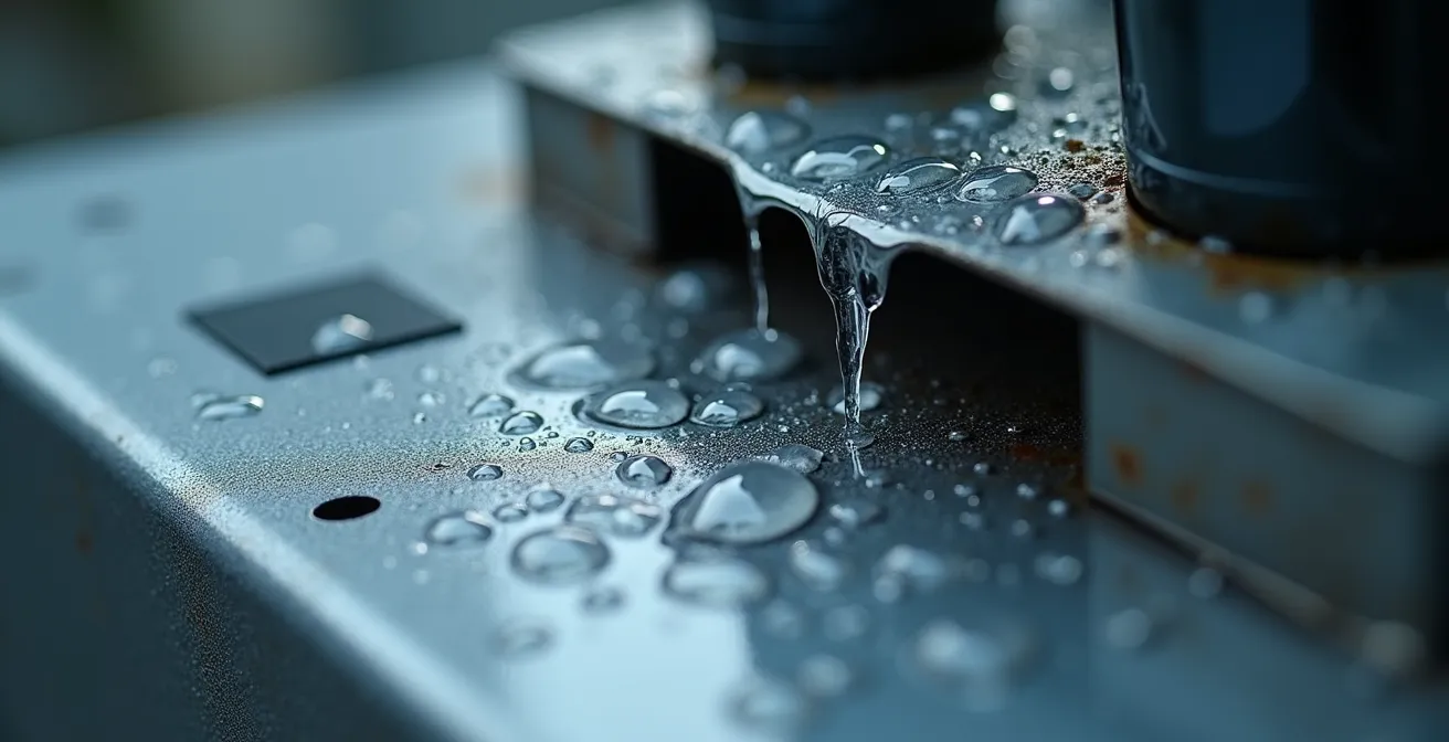 Détail macro d'une unité murale montrant la condensation et le système de drainage