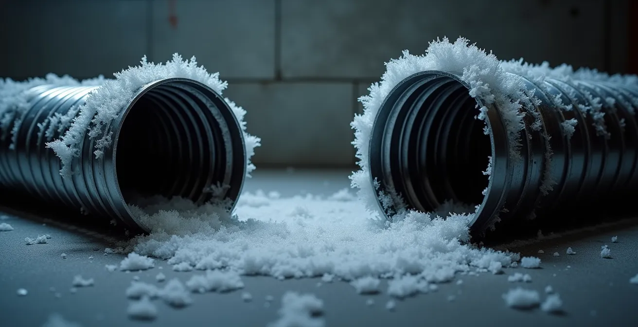 Comparaison entre conduit de sécheuse rigide et flexible avec accumulation de glace