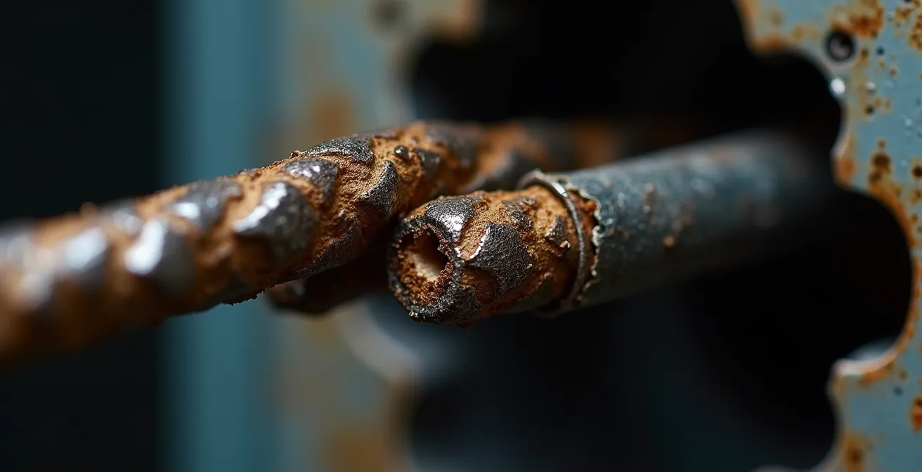 Gros plan sur une connexion électrique en aluminium oxydée montrant les risques d'arc électrique