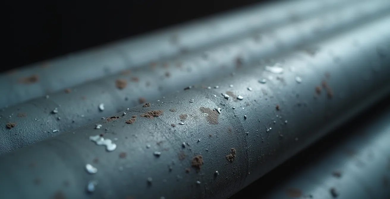 Vue macro d'une surface de tuyau en plomb montrant la texture grise mate caractéristique