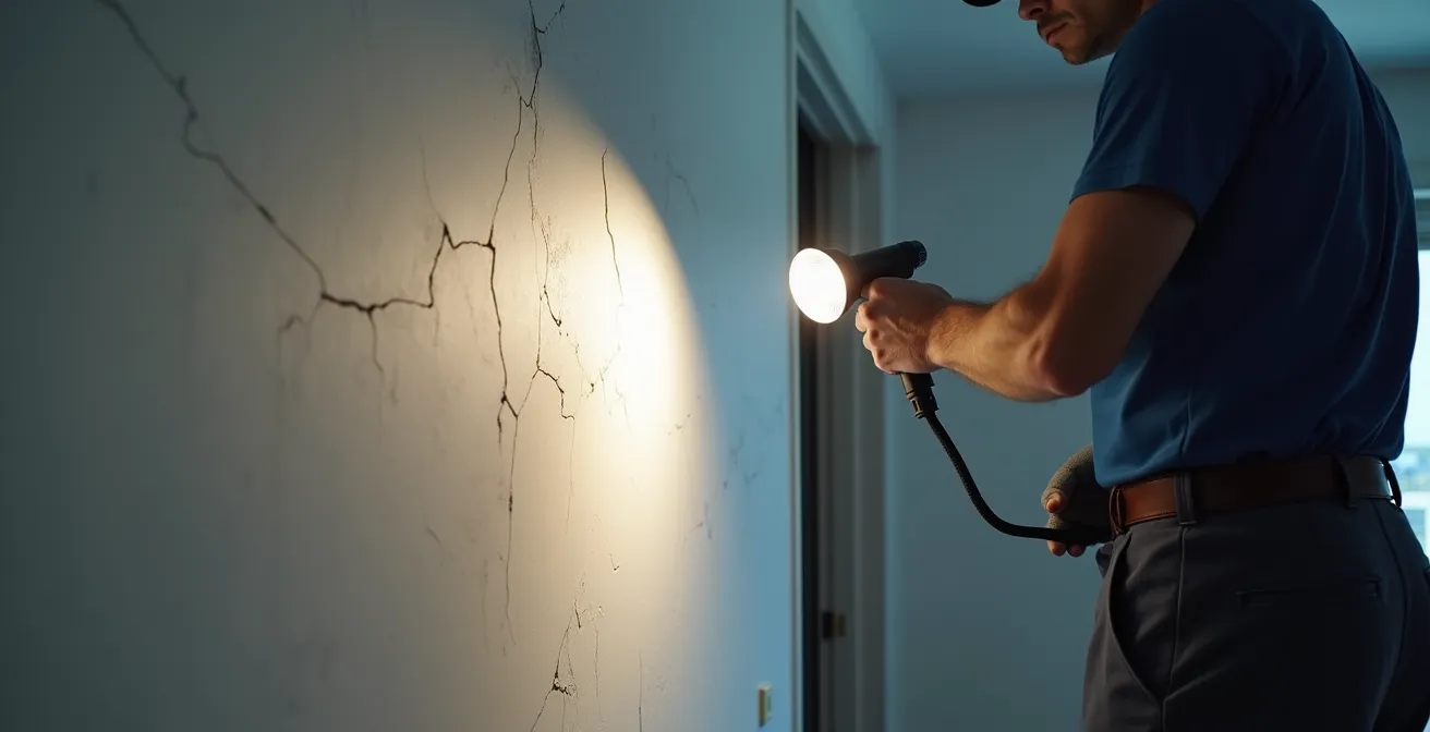 Technicien utilisant une lumière rasante pour diagnostiquer les fissures invisibles dans un mur