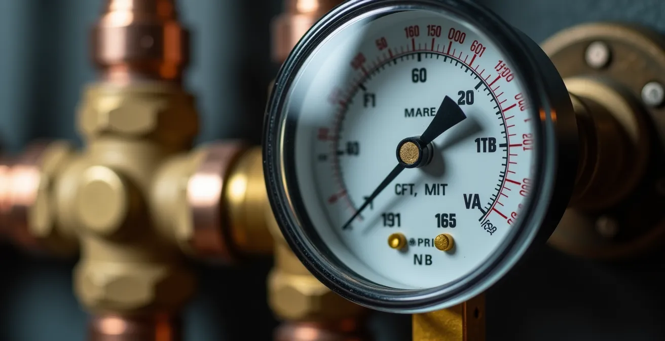 Manomètre installé sur une conduite d'eau montrant une lecture de pression