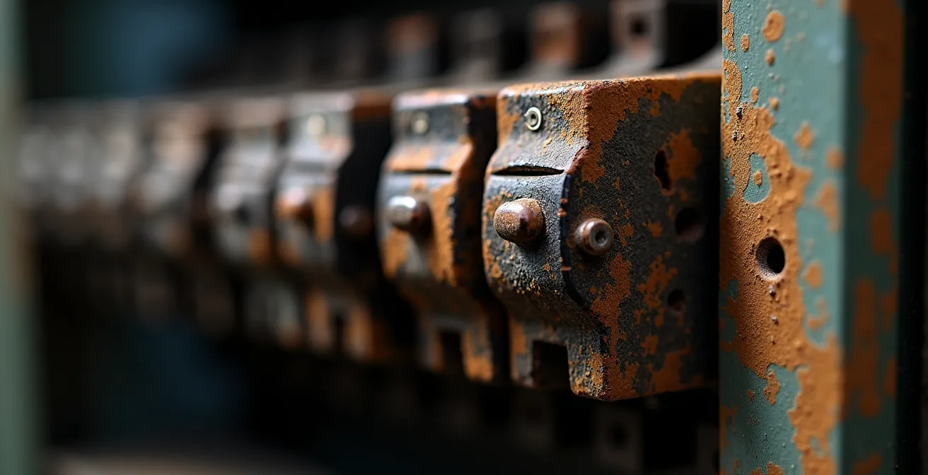 Gros plan sur des disjoncteurs anciens montrant des signes de surchauffe et de défaillance