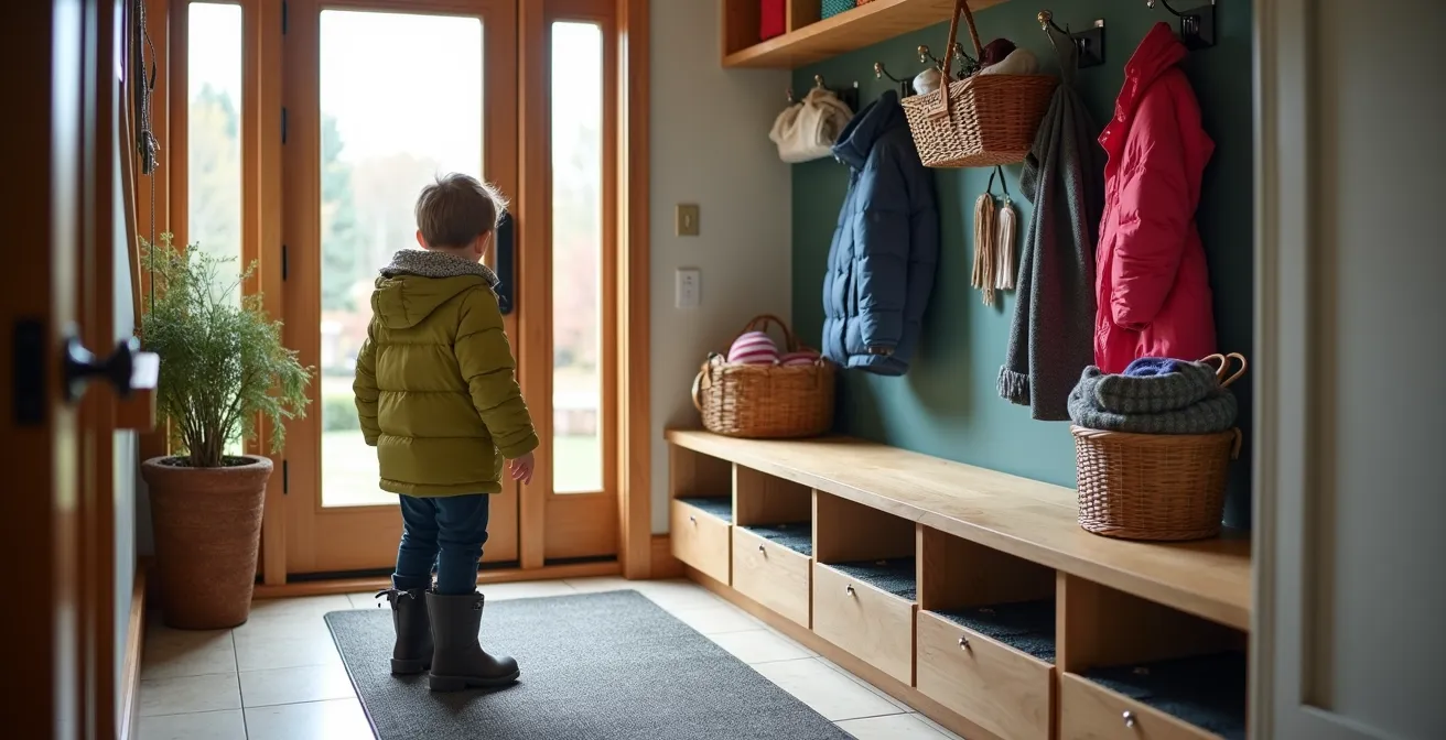 Vue large d'une entrée de maison québécoise avec banc intégré, compartiments à bottes ventilés et système de rangement modulaire