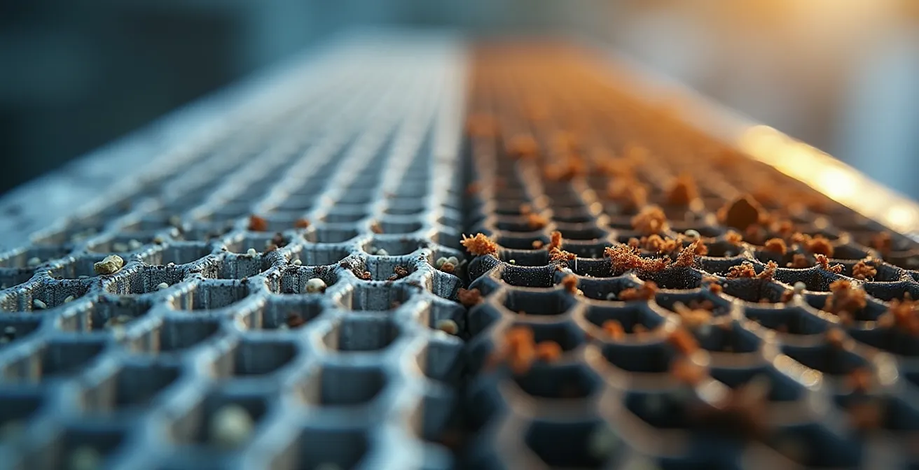 Comparaison d'un noyau d'échangeur d'air propre et d'un noyau encrassé par le pollen et les débuts de moisissure