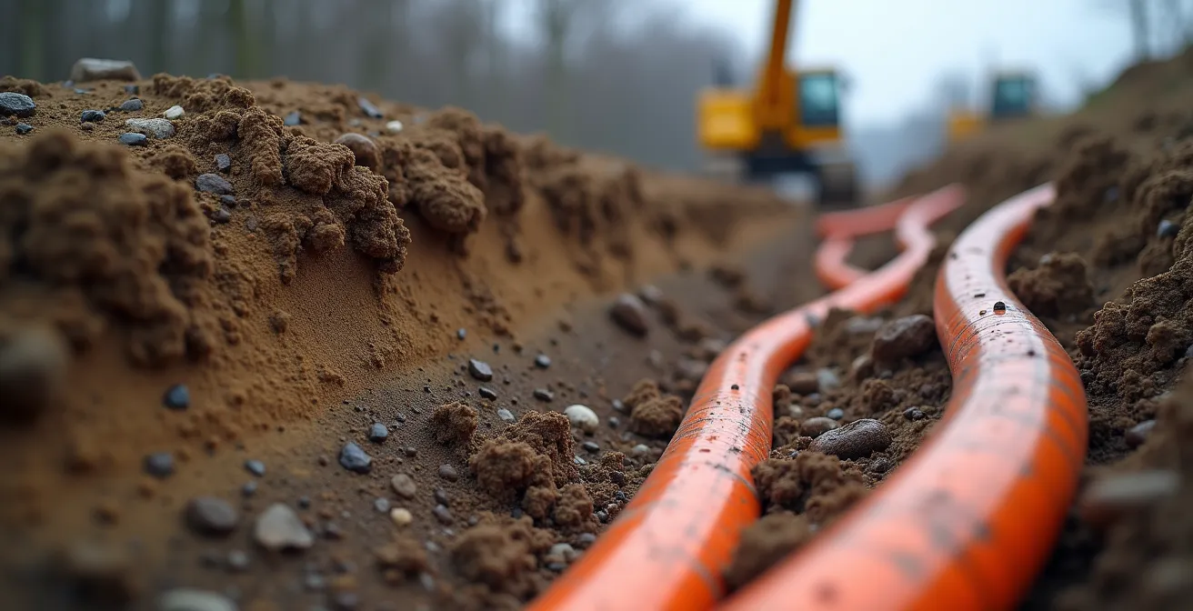 Tranchée d'excavation pour installation électrique souterraine en sol québécois