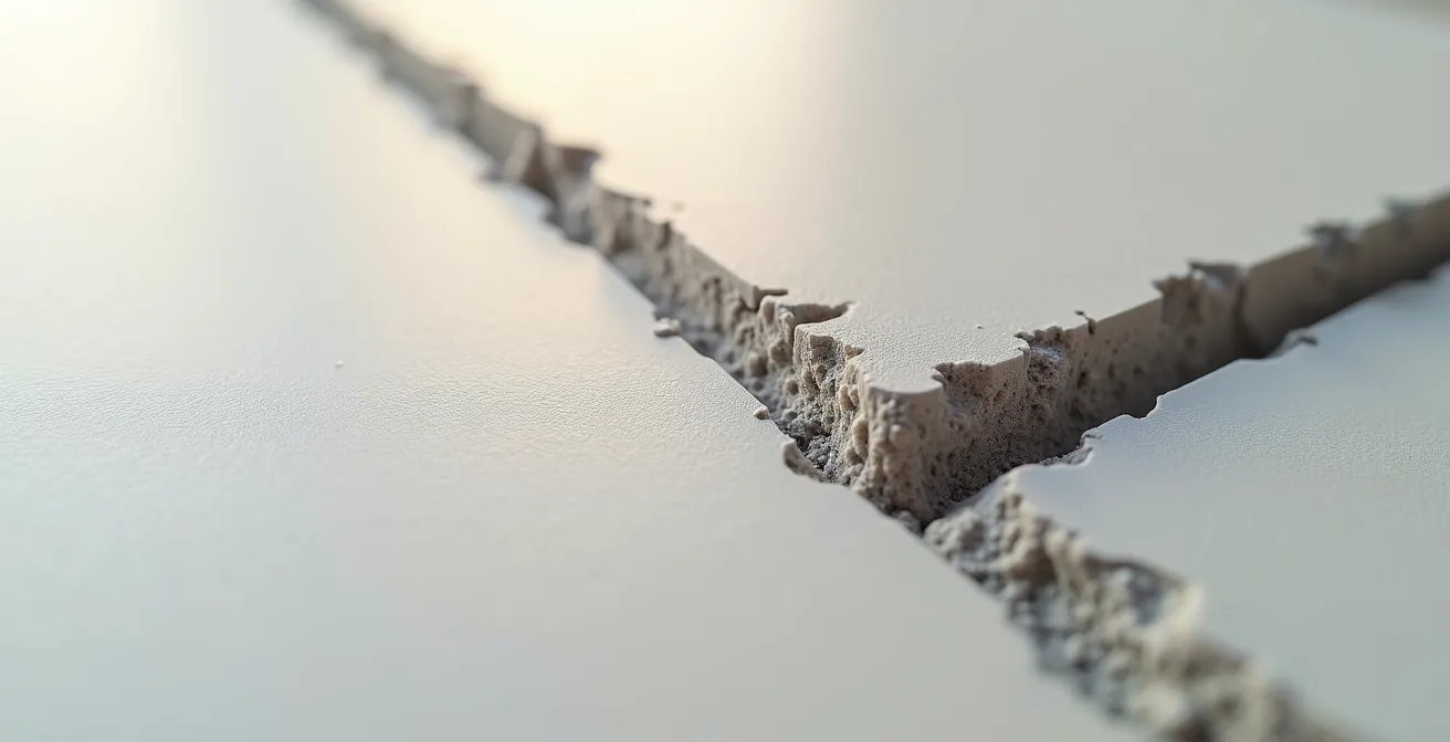 Vue macro d'un joint de gypse parfaitement lissé montrant la texture uniforme