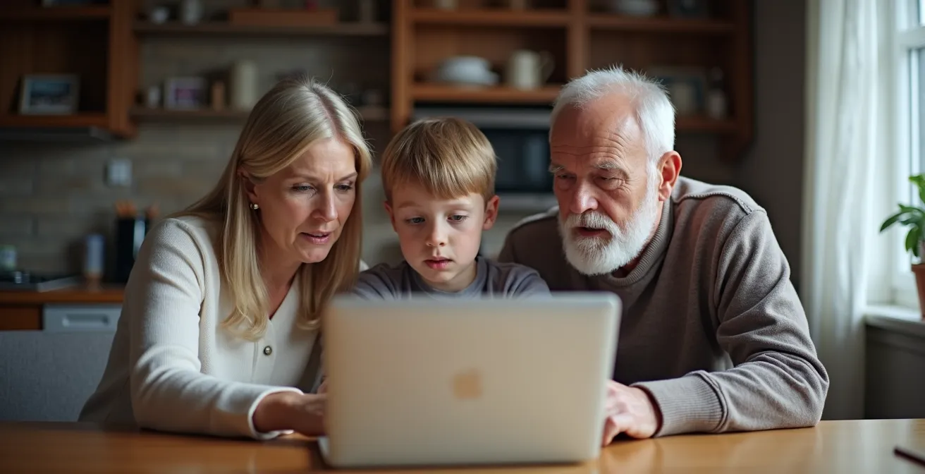 Famille québécoise multigénérationnelle autour d'une table avec ordinateur portable fermé montrant la sécurité numérique