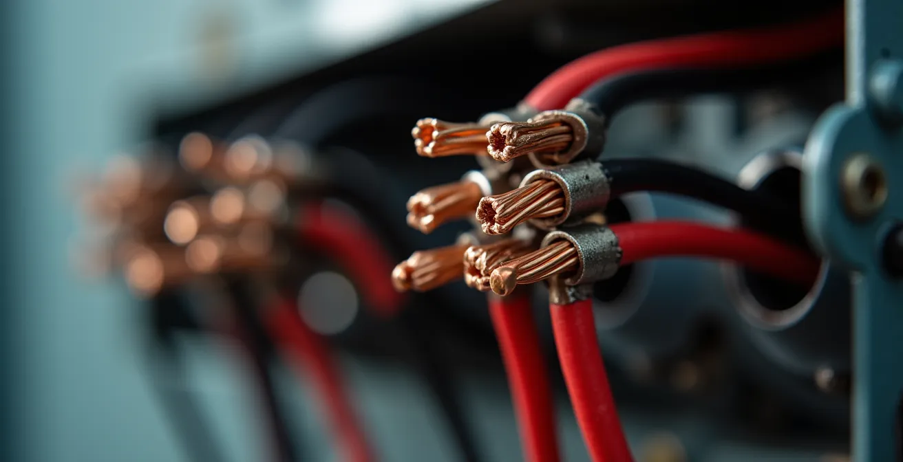 Gros plan sur boîtier de thermostat ouvert montrant les différents types de câblage électrique