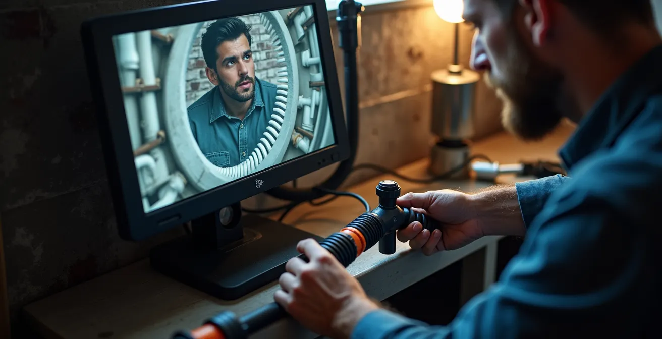 Vue rapprochée d'un équipement d'inspection par caméra dans un drain avec éclairage LED