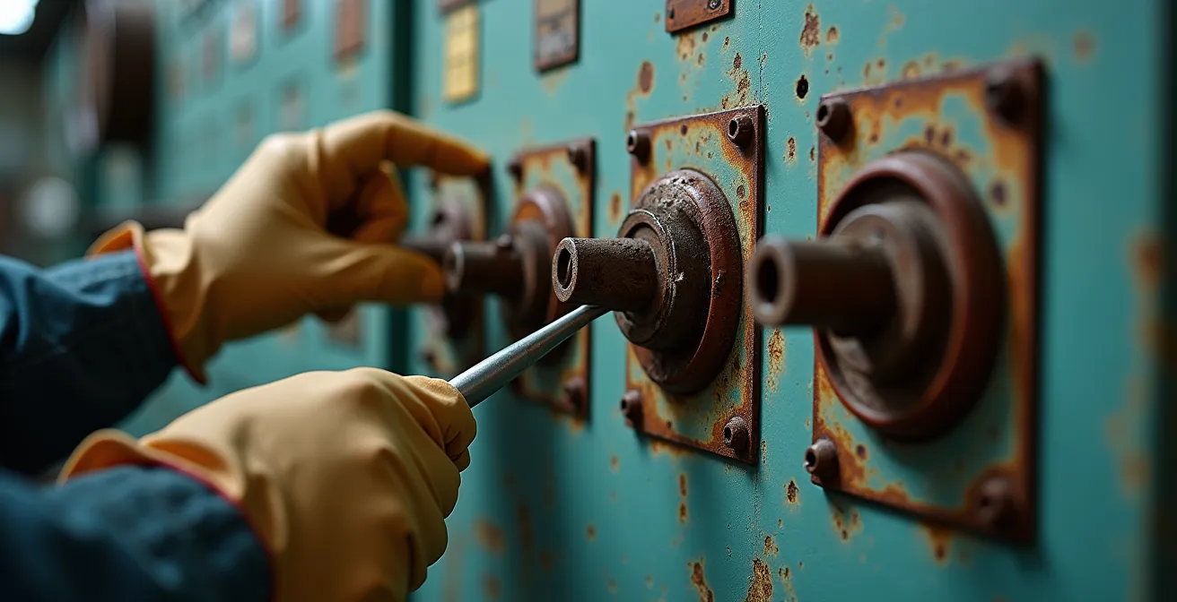 Gros plan sur un panneau électrique Federal Pioneer avec main d'inspecteur pointant des défauts