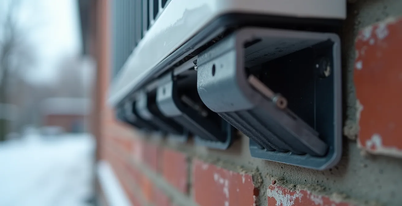 Support mural avec silentblocs pour thermopompe surélevée au-dessus de la neige