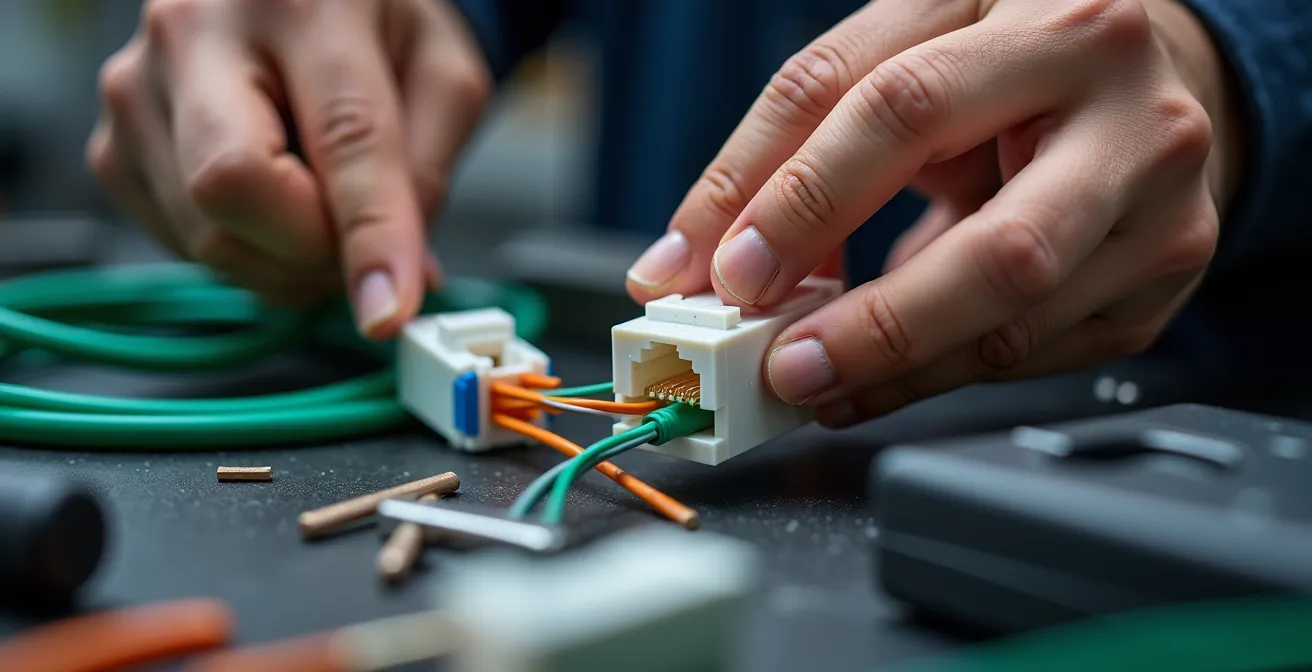 Mains expertes installant une prise Keystone RJ45 selon la norme T568B avec code couleur visible