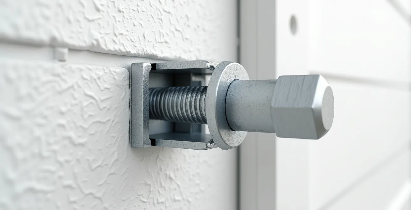 Détail macro d'une cheville à bascule métallique installée dans du gypse blanc avec texture visible du matériau