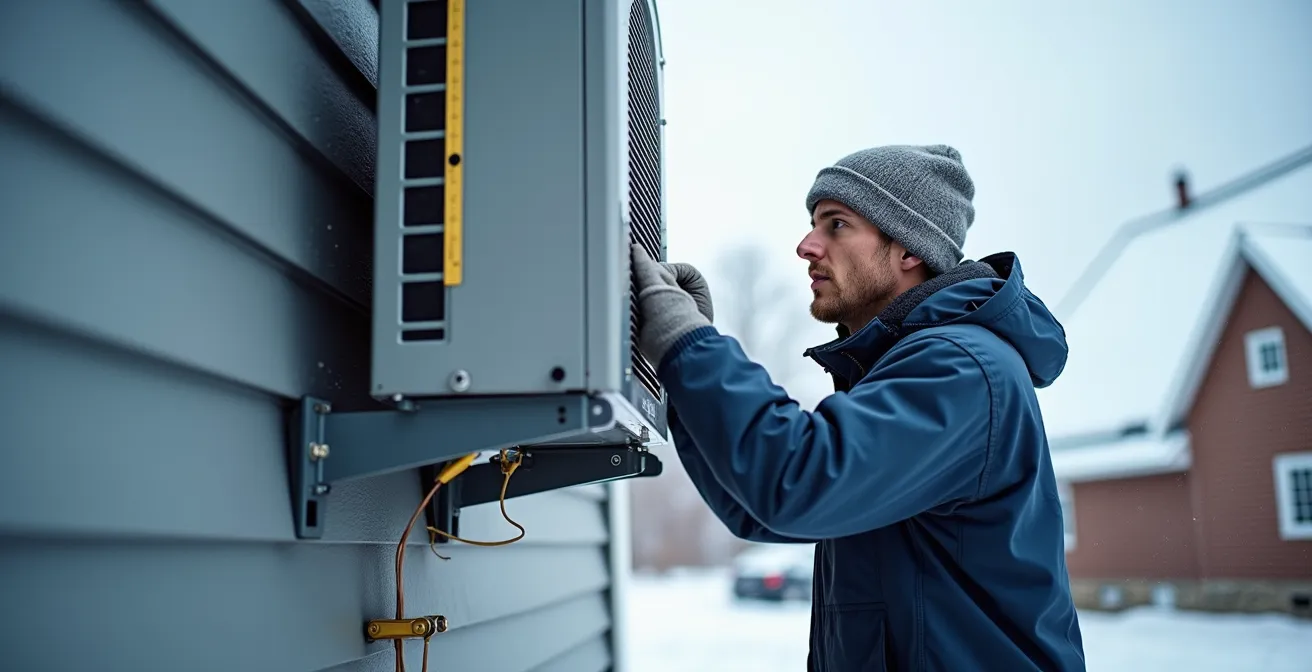 Vue latérale d'une installation de thermopompe sur support mural surélevé avec protection contre la neige du toit