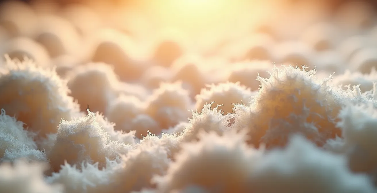 Vue macro de matériau isolant en cellulose soufflée avec texture détaillée dans un entretoit