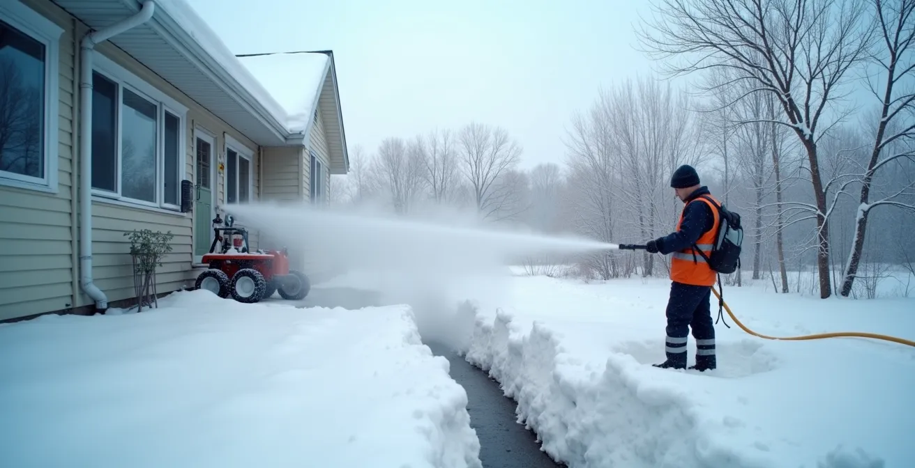 Jet d'eau haute pression dégelant un drain pluvial en hiver au Québec