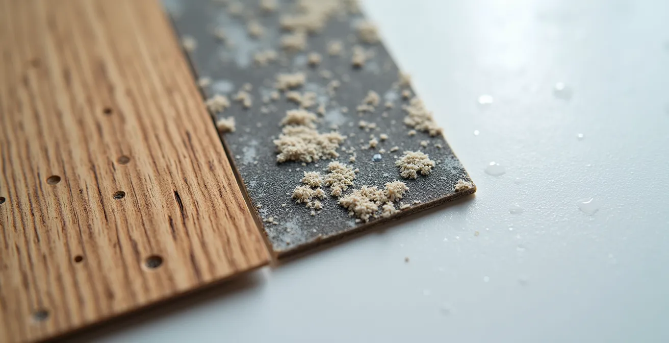 Vue macro de différents matériaux après contamination par eaux usées montrant les textures et dommages