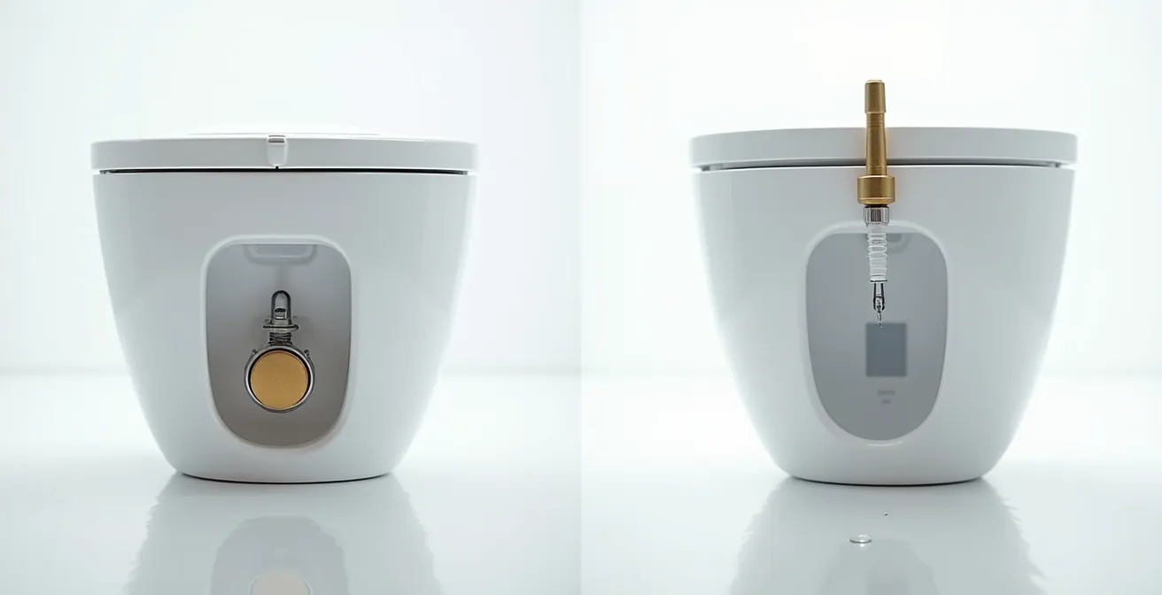 Comparaison visuelle entre un mécanisme à flotteur vertical moderne et un système à bras traditionnel