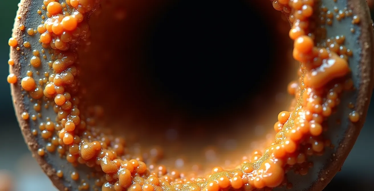 Vue macro de dépôts d'ocre ferreux orange dans un drain de fondation