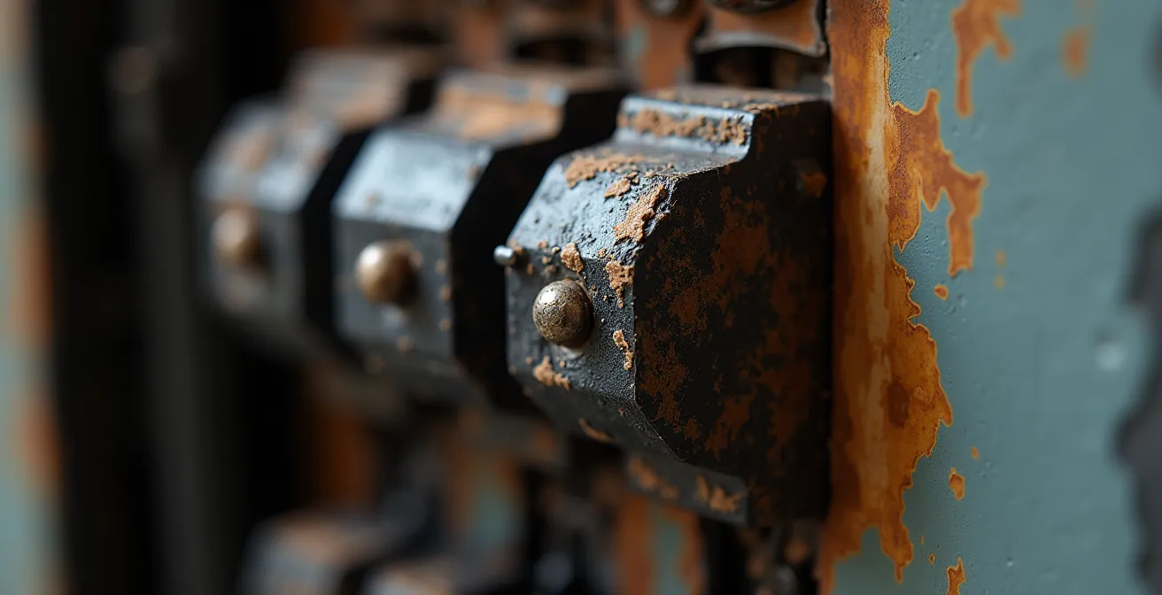 Vue macro détaillée d'un panneau électrique montrant des traces de surchauffe et de corrosion