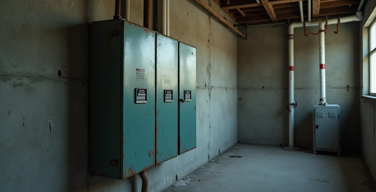 Vue d'ensemble d'un vieux panneau électrique Federal Pacific Stab-Lok montrant les signes de défaillance