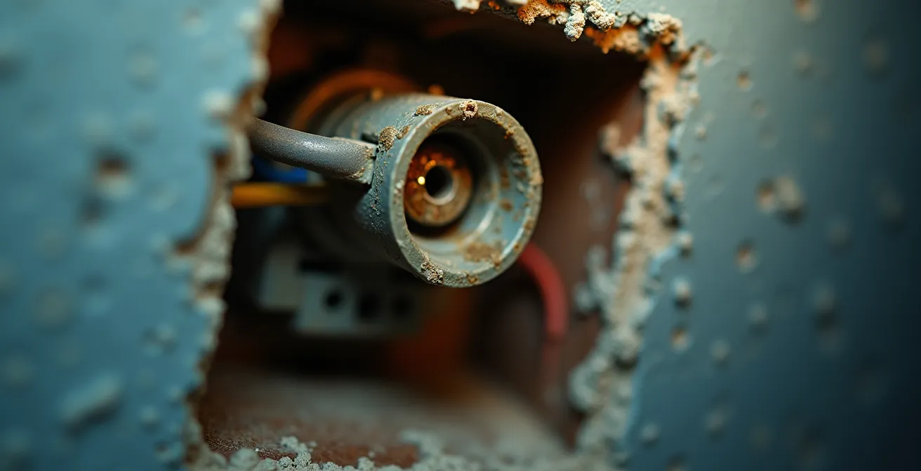 Gros plan sur une prise électrique à trois trous avec le fil de terre manquant visible dans le mur