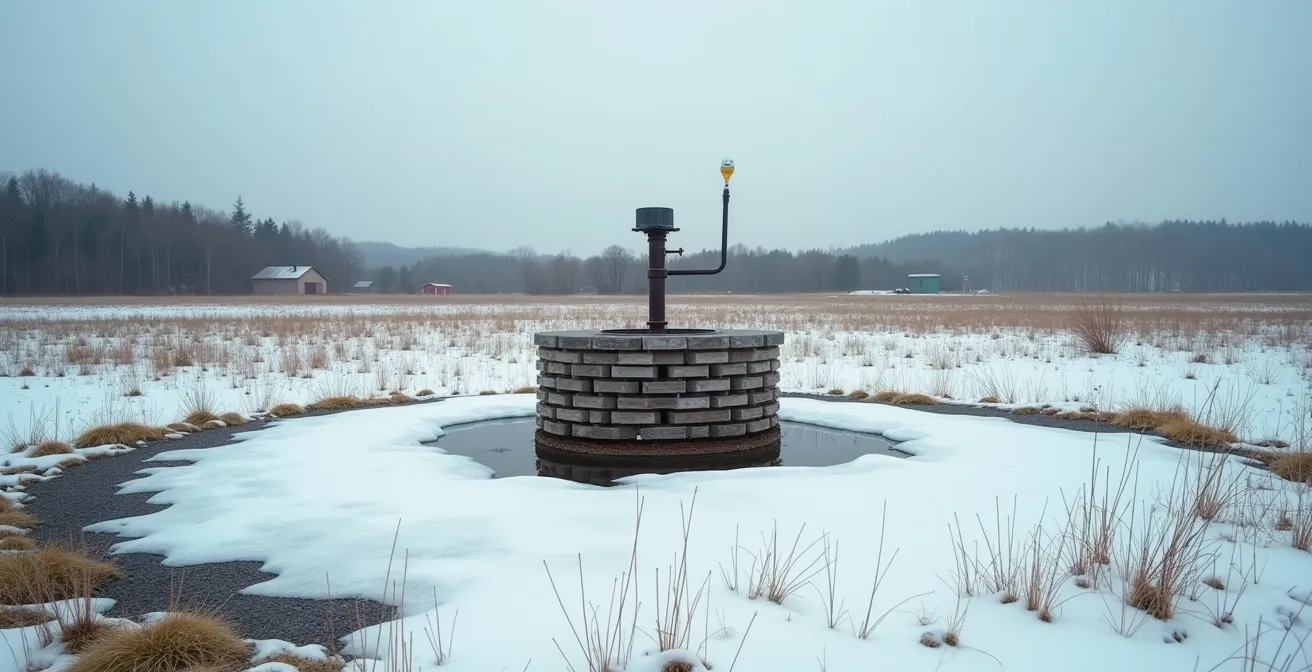 Vue large d'un puits artésien dans un paysage rural québécois au printemps avec fonte des neiges visible