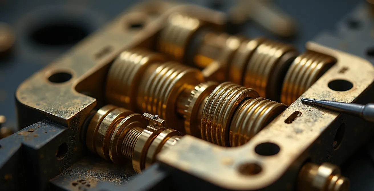 Vue macro détaillée de l'intérieur d'un cylindre de serrure avec ses goupilles dorées visibles