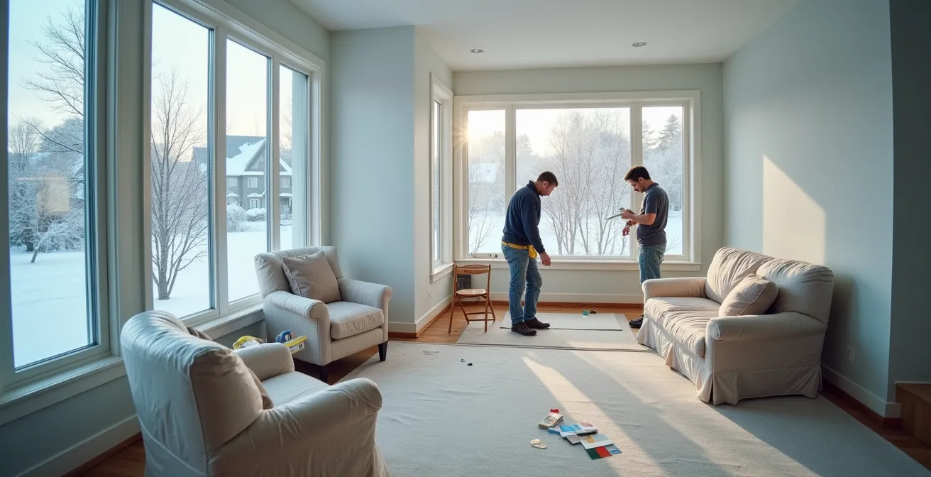 Vue large d'un salon québécois en rénovation en hiver avec entrepreneurs au travail