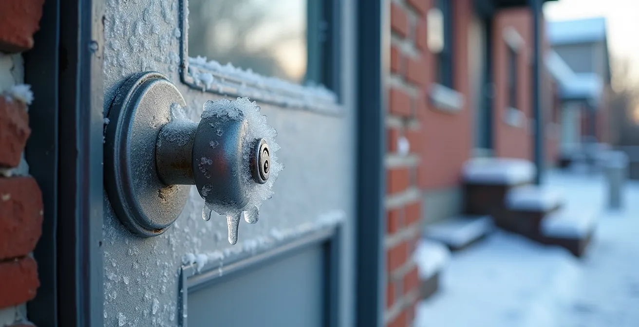 Serrure de porte extérieure couverte de givre et de glace en hiver québécois