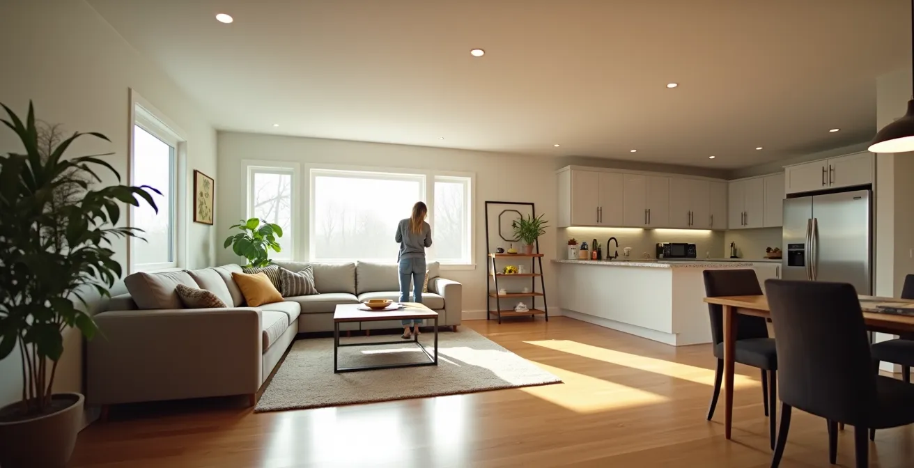 Intérieur d'un sous-sol rénové avec finition moderne, éclairage naturel par grandes fenêtres et aménagement fonctionnel