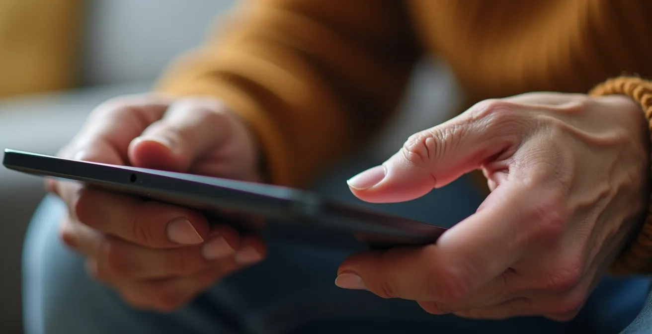Personne âgée tenant une tablette avec assistance à distance visible par des mains guidantes