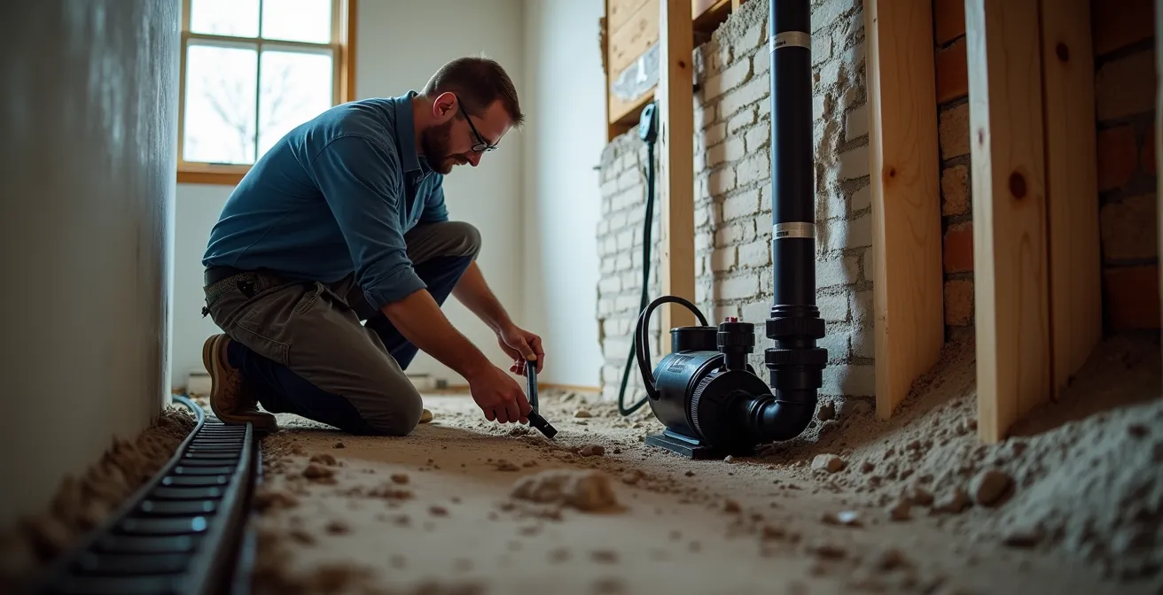 Installation d'un système de drainage français avec pompe de puisard dans un sous-sol