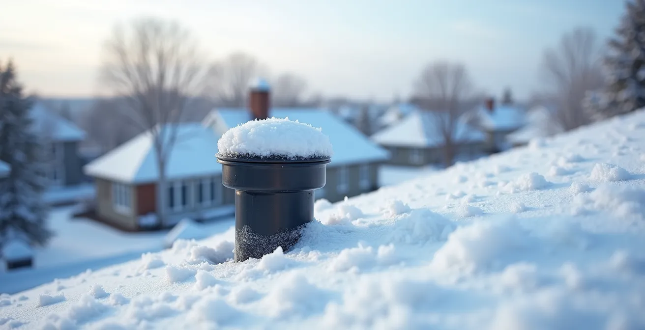 Système de ventilation de plomberie montrant l'obstruction de l'évent sur un toit enneigé