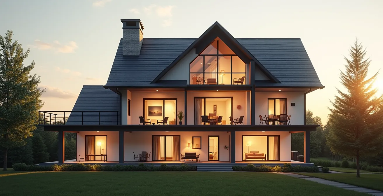 Vue en coupe d'une maison québécoise à trois étages montrant la propagation du signal WiFi maillé