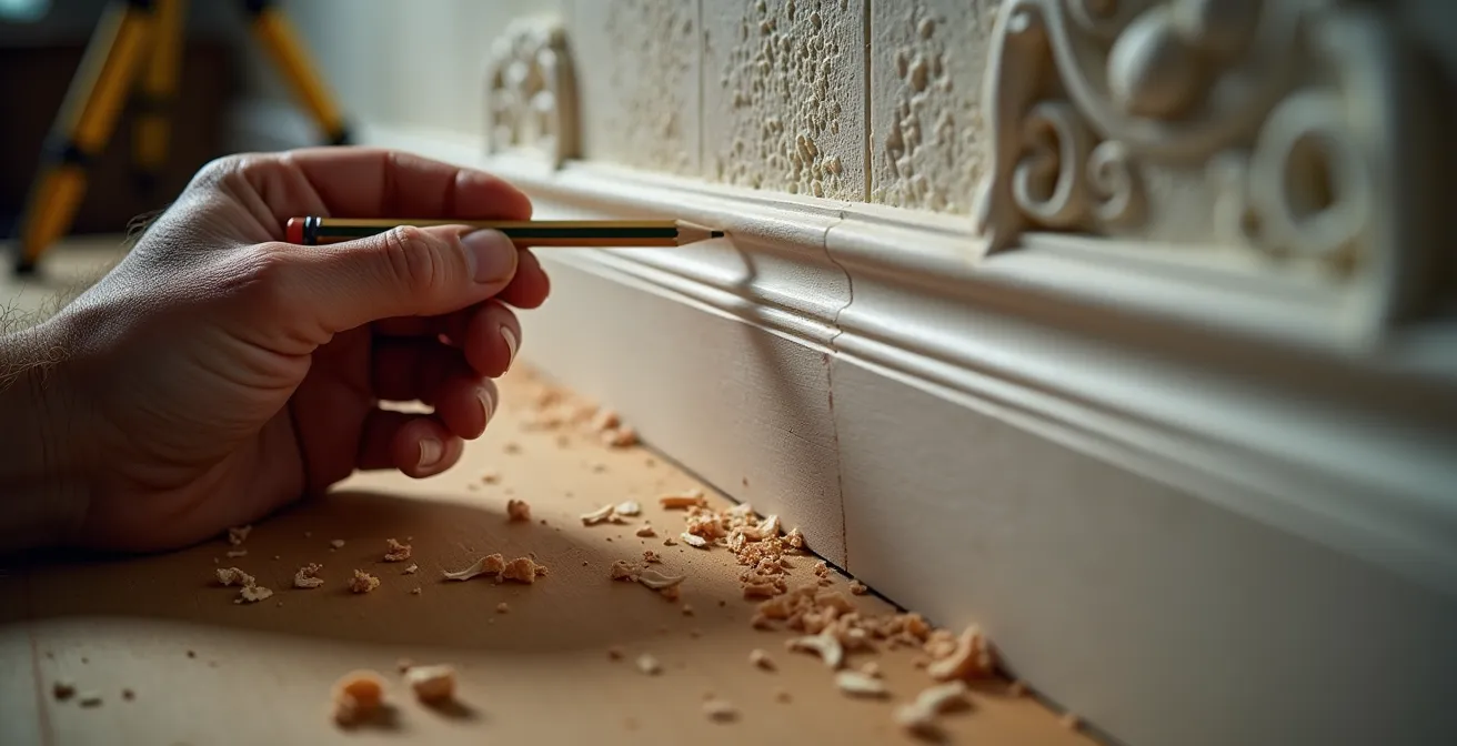 Gros plan macro d'une main utilisant un compas de traçage sur une moulure O'Gee contre un mur ancien irrégulier