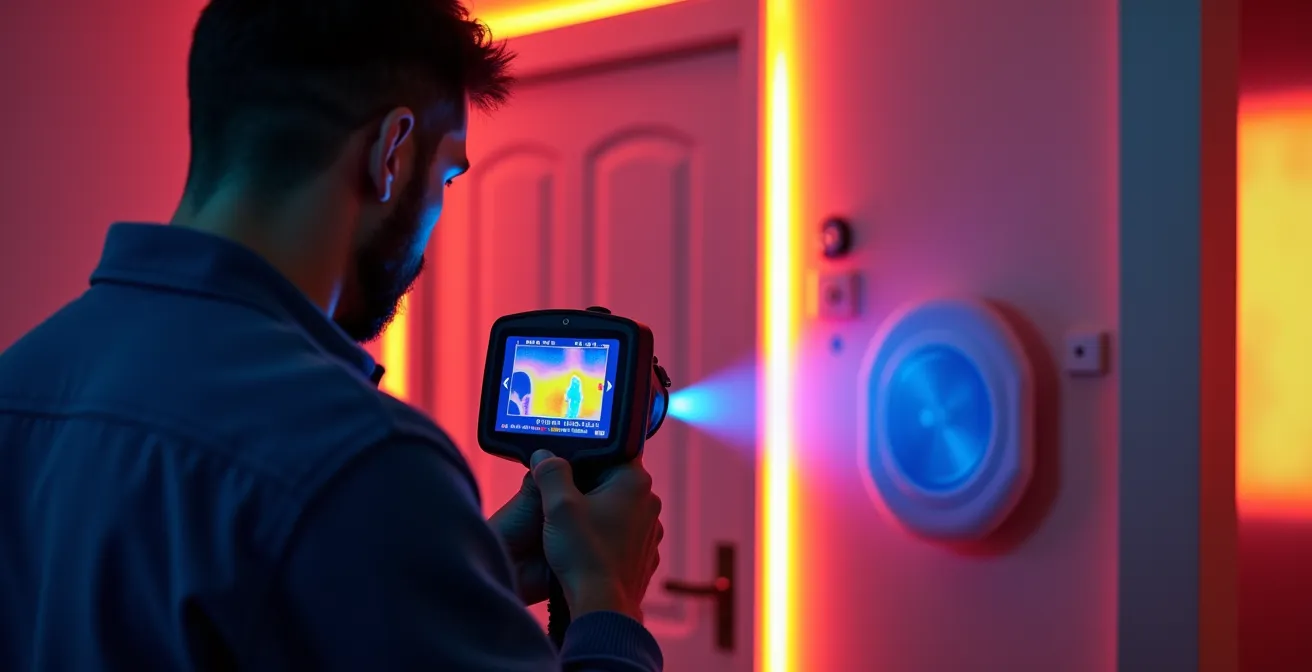 Technicien utilisant une caméra thermique pendant un test d'infiltrométrie révélant les fuites d'air