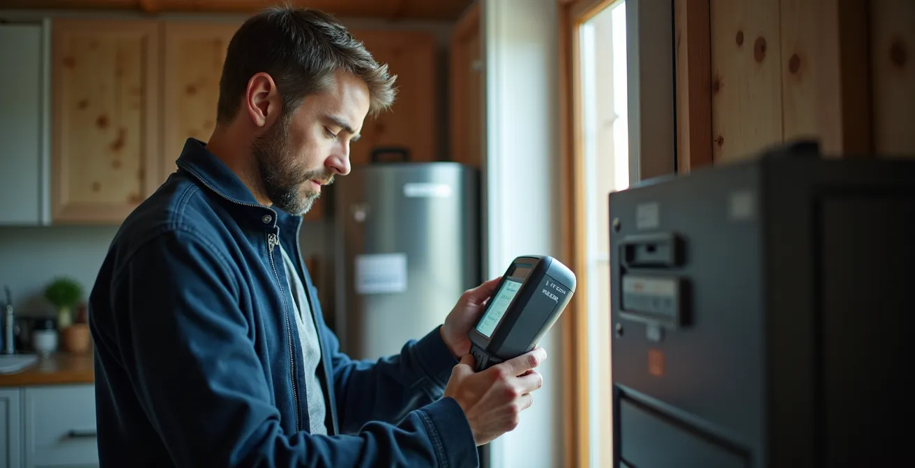 Test d'infiltrométrie en cours montrant l'équipement de mesure installé dans une porte