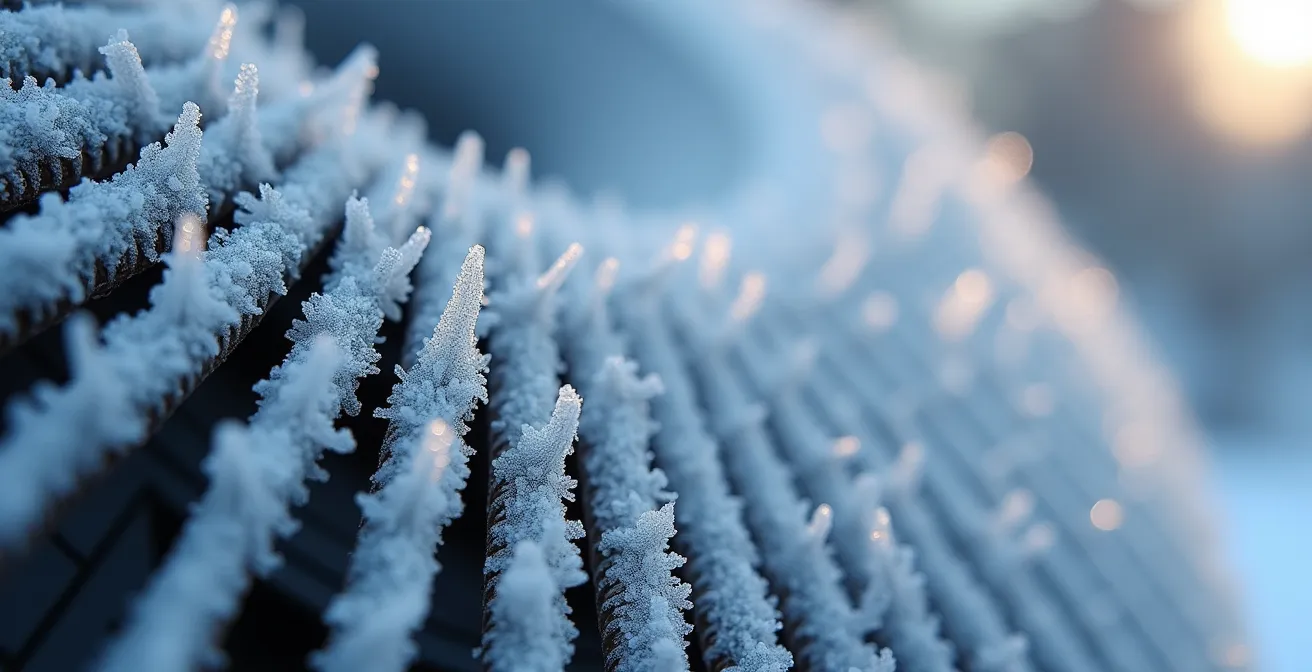 Gros plan sur une unité extérieure de thermopompe couverte de givre en hiver
