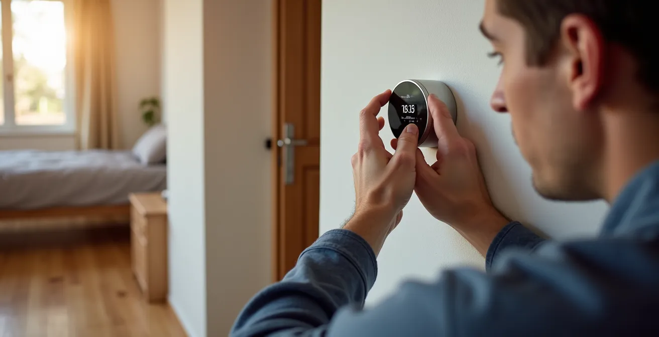 Installation d'un thermostat intelligent moderne sur un mur avec plancher chauffant visible en arrière-plan
